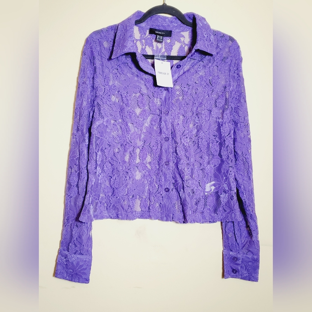 Forever 21 Button Up Purple Lace See Through Blouse Size 0X